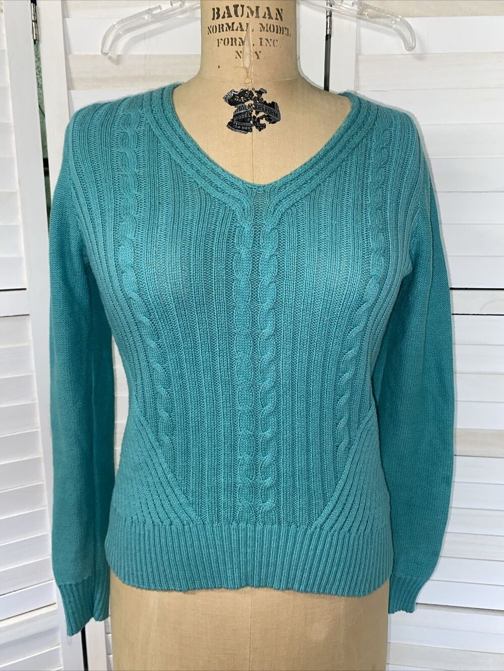 Chaps Classics Green Aqua Cable Knit Sweater Women’s Preppy Cotton Blend Small
